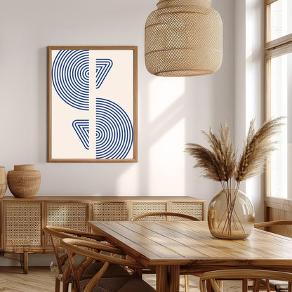 Enhance your space with a striking geometric piece that features bold blue concentric circles split for Extra Kitchen