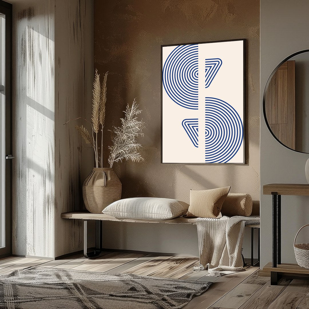 Enhance your space with a striking geometric piece that features bold blue concentric circles split for hallway
