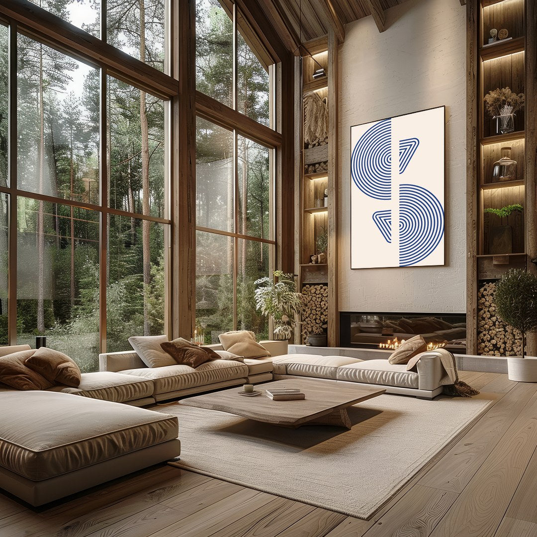Enhance your space with a striking geometric piece that features bold blue concentric circles split for Living Room