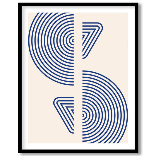 Enhance your space with a striking geometric piece that features bold blue concentric circles split for room