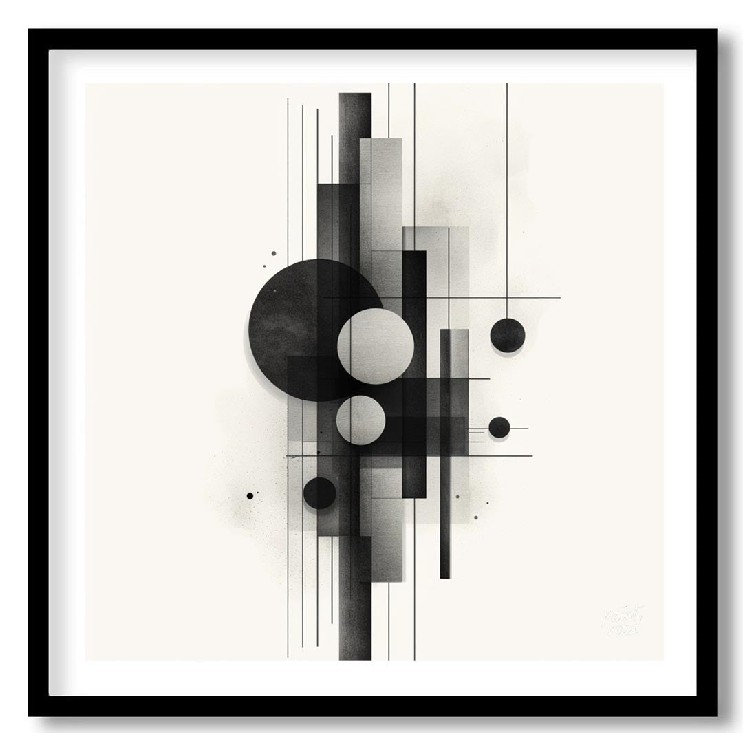 This digital artwork features a minimalist composition of geometric shapes rendered in shades of bl… for area