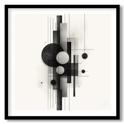 This digital artwork features a minimalist composition of geometric shapes rendered in shades of bl… for area