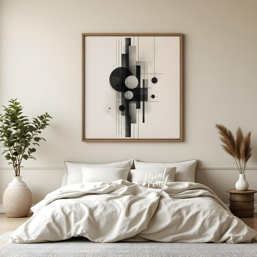 This digital artwork features a minimalist composition of geometric shapes rendered in shades of bl… for bedroom