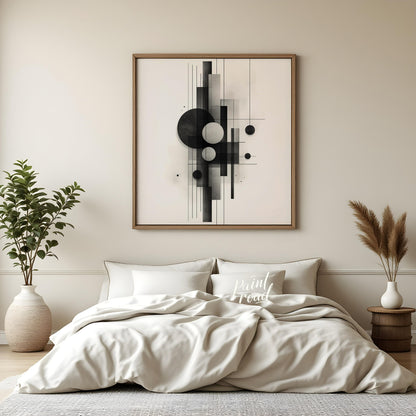 This digital artwork features a minimalist composition of geometric shapes rendered in shades of bl… for bedroom
