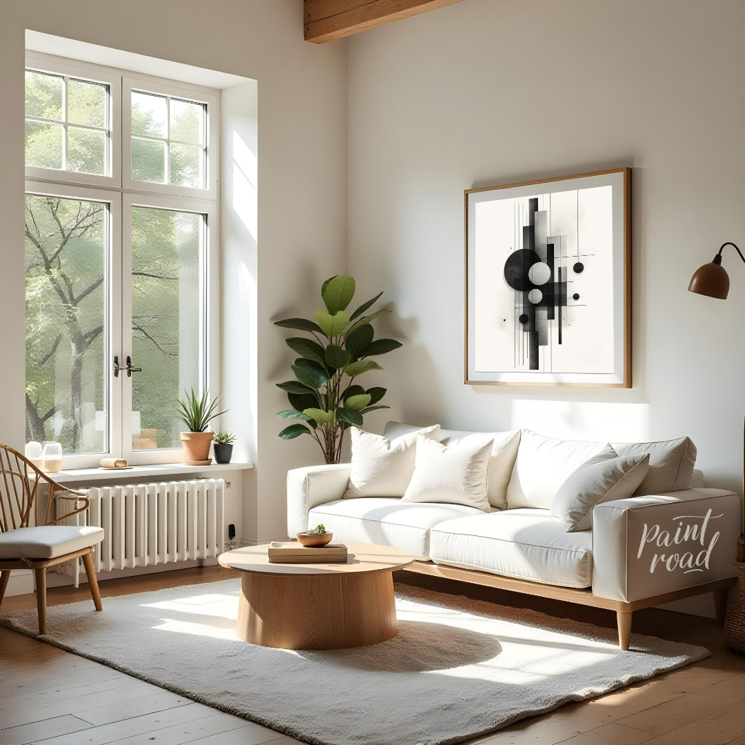 This digital artwork features a minimalist composition of geometric shapes rendered in shades of bl… for living room