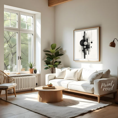 This digital artwork features a minimalist composition of geometric shapes rendered in shades of bl… for living room