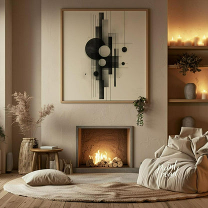 This digital artwork features a minimalist composition of geometric shapes rendered in shades of bl… for living room