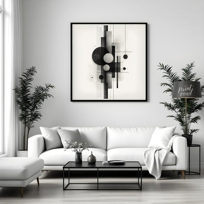 This digital artwork features a minimalist composition of geometric shapes rendered in shades of bl… for living room