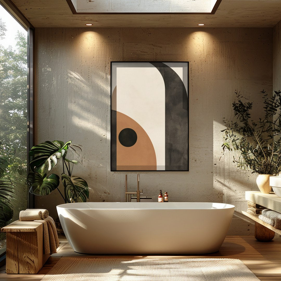 This mesmerizing piece blends geometric abstraction with earthy tones, creating a sense of balance for Bathroom