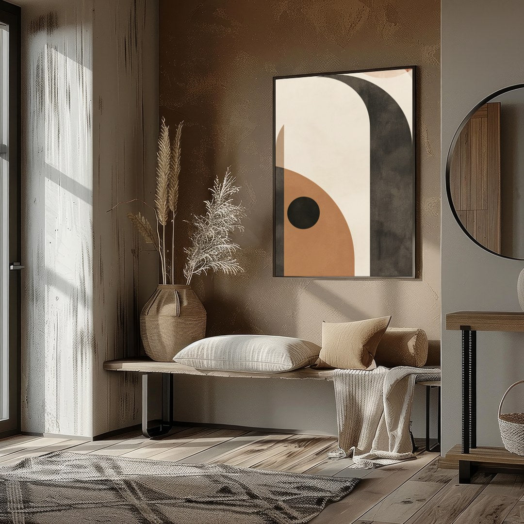 This mesmerizing piece blends geometric abstraction with earthy tones, creating a sense of balance for dwelling