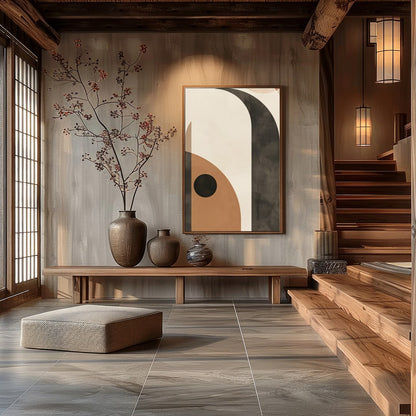 This mesmerizing piece blends geometric abstraction with earthy tones, creating a sense of balance for Hall