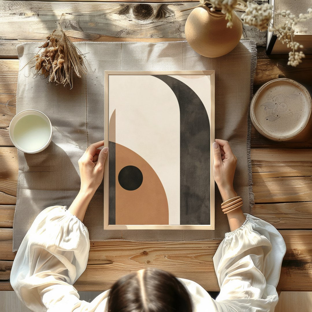 This mesmerizing piece blends geometric abstraction with earthy tones, creating a sense of balance for Kitchen