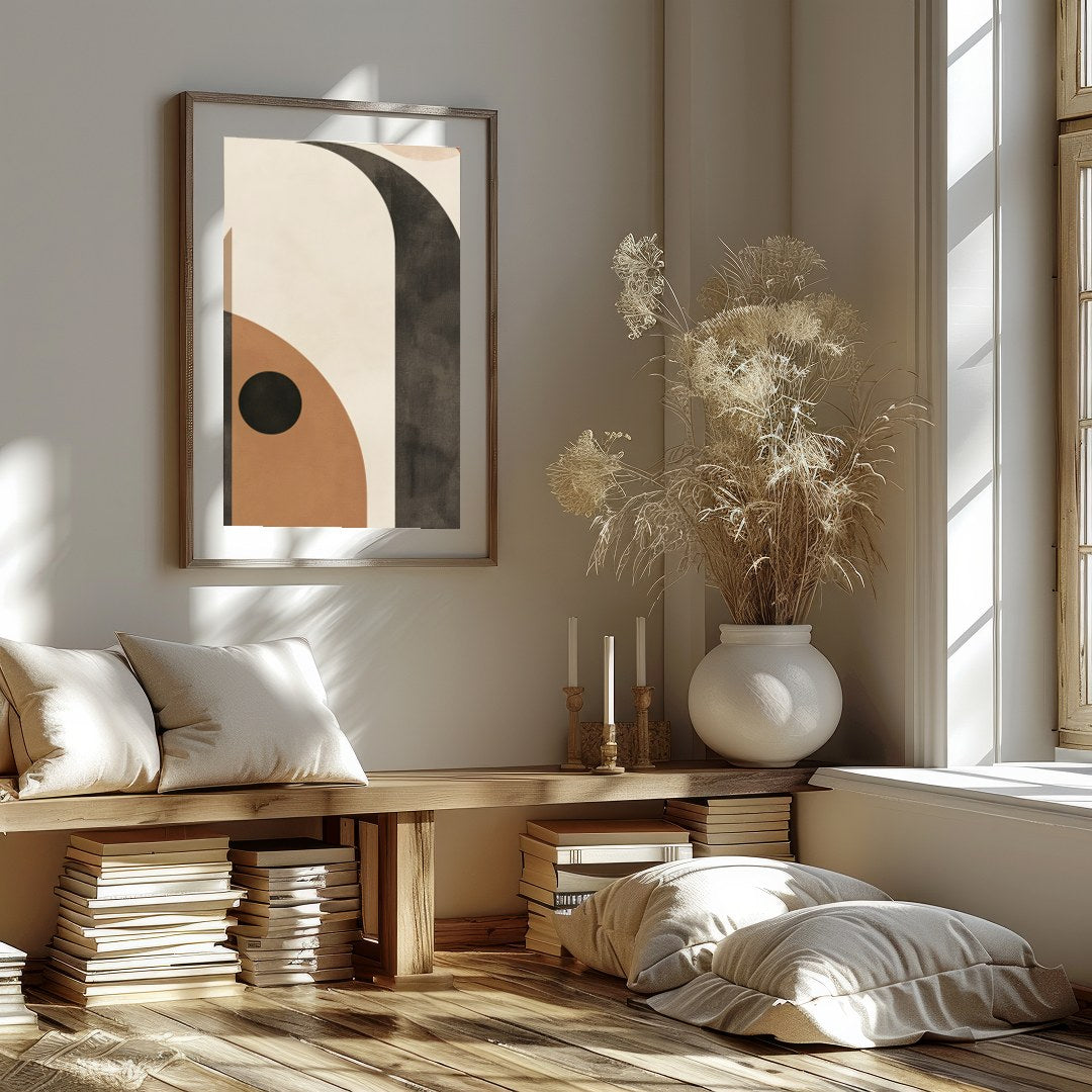 This mesmerizing piece blends geometric abstraction with earthy tones, creating a sense of balance for nook