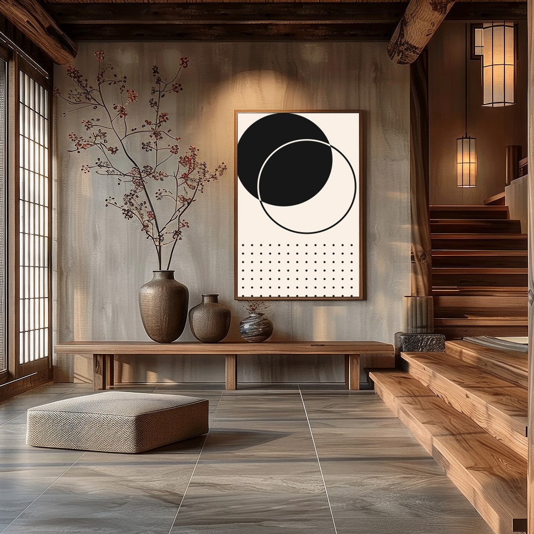 This minimalist artwork features an elegant interplay of black circles intersecting on a soft beige for Hall