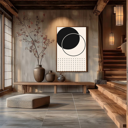 This minimalist artwork features an elegant interplay of black circles intersecting on a soft beige for Hall