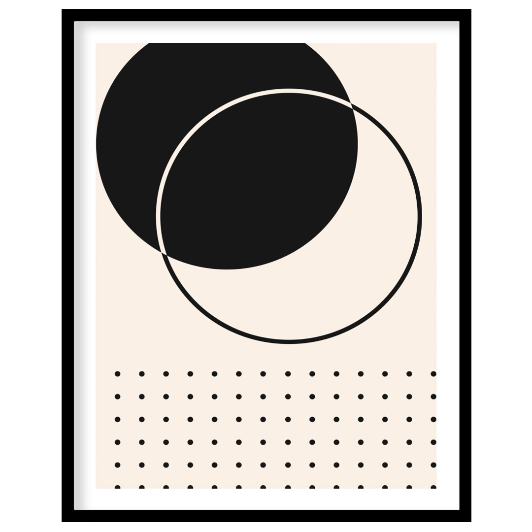 This minimalist artwork features an elegant interplay of black circles intersecting on a soft beige for residence