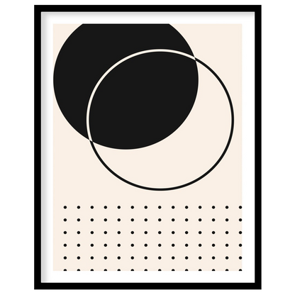 This minimalist artwork features an elegant interplay of black circles intersecting on a soft beige for residence