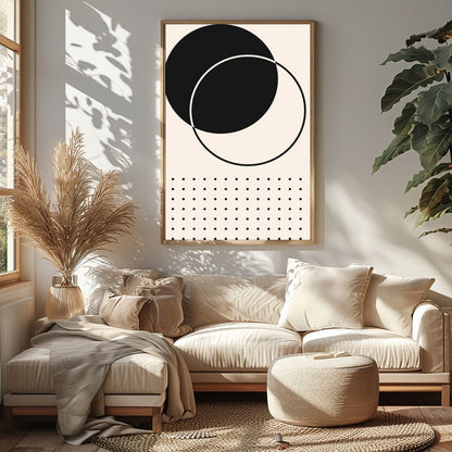 This minimalist artwork features an elegant interplay of black circles intersecting on a soft beige for Sitting Area