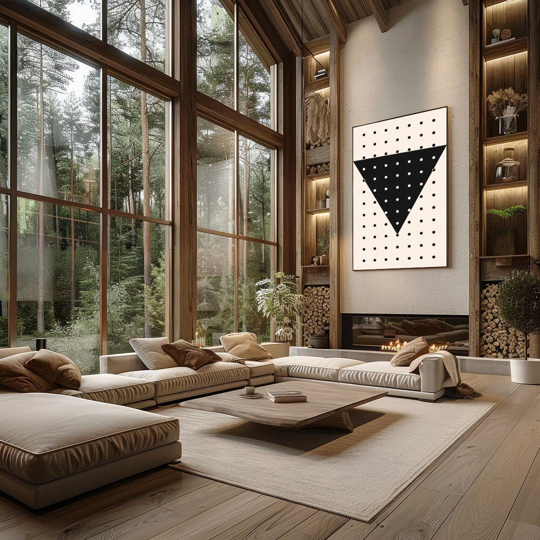 This captivating piece features a bold black inverted triangle accentuated by a pattern of for Living Room