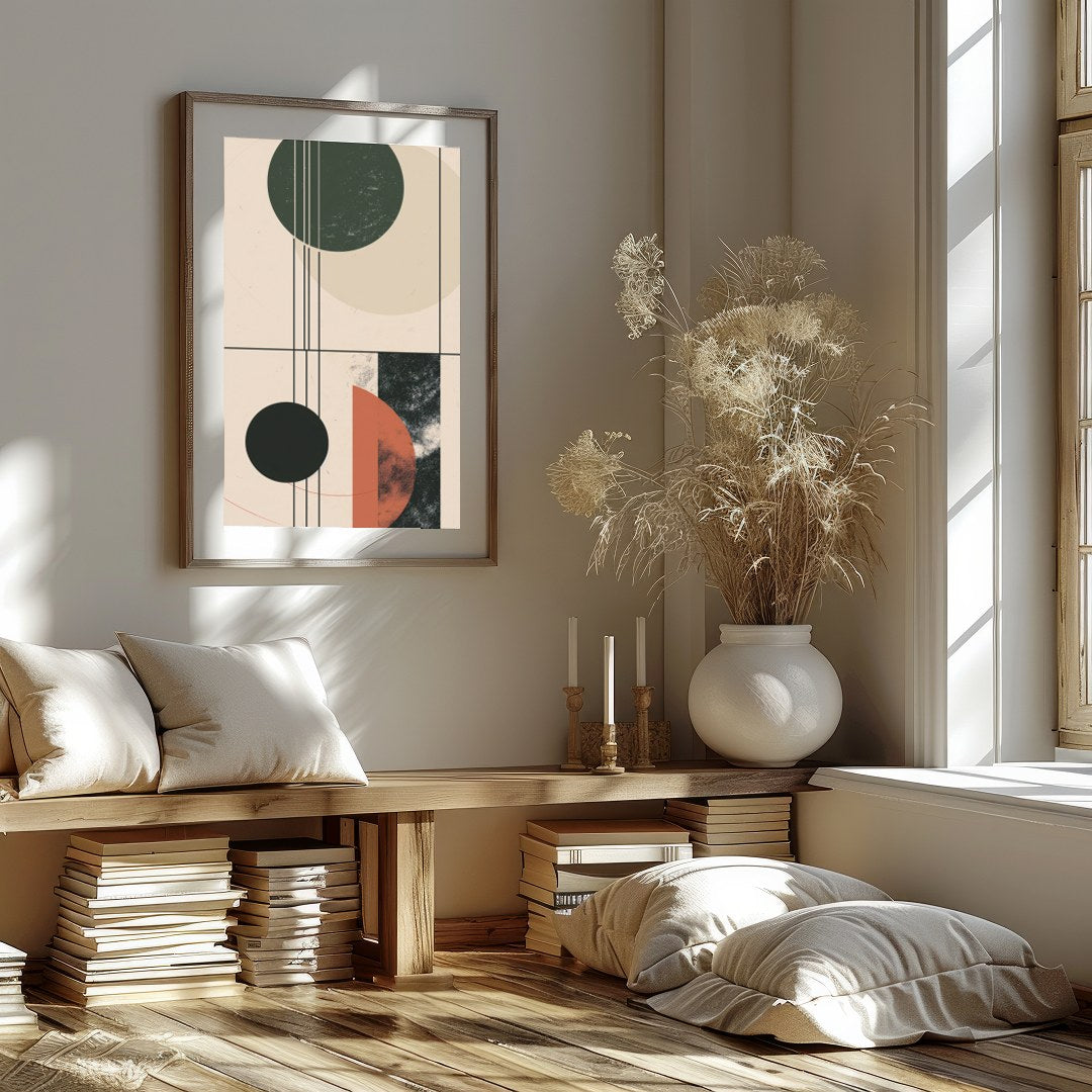This modern piece captivates with its interplay of geometric forms and earthy colors, exuding a for area