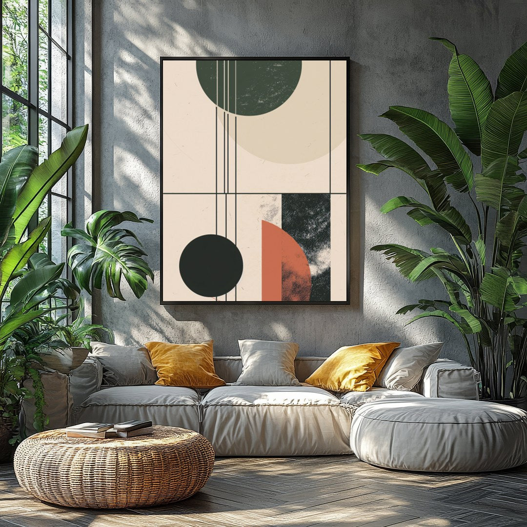 This modern piece captivates with its interplay of geometric forms and earthy colors, exuding a for Balcony