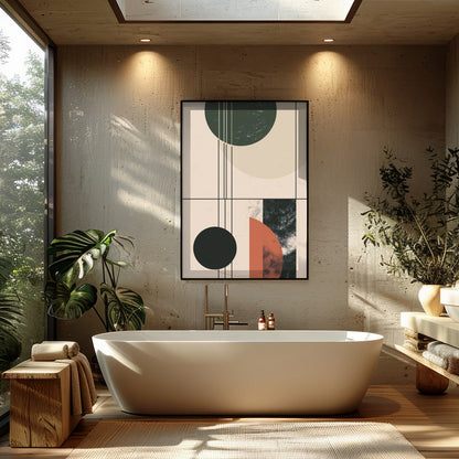 This modern piece captivates with its interplay of geometric forms and earthy colors, exuding a for Bathroom