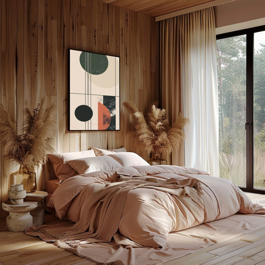 This modern piece captivates with its interplay of geometric forms and earthy colors, exuding a for Bedroom