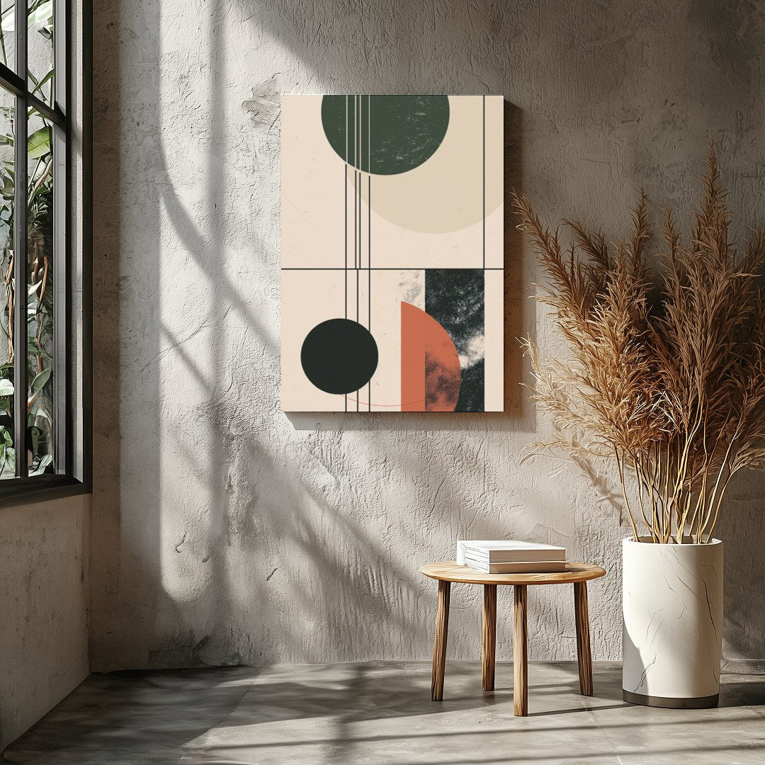 This modern piece captivates with its interplay of geometric forms and earthy colors, exuding a for Entrance