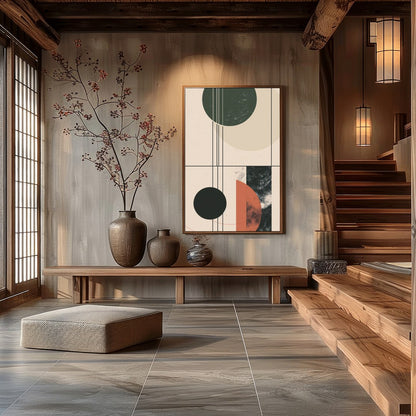 This modern piece captivates with its interplay of geometric forms and earthy colors, exuding a for Hall