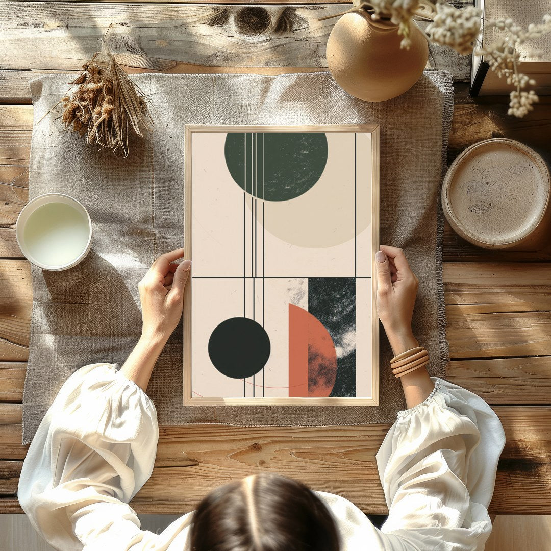 This modern piece captivates with its interplay of geometric forms and earthy colors, exuding a for Kitchen