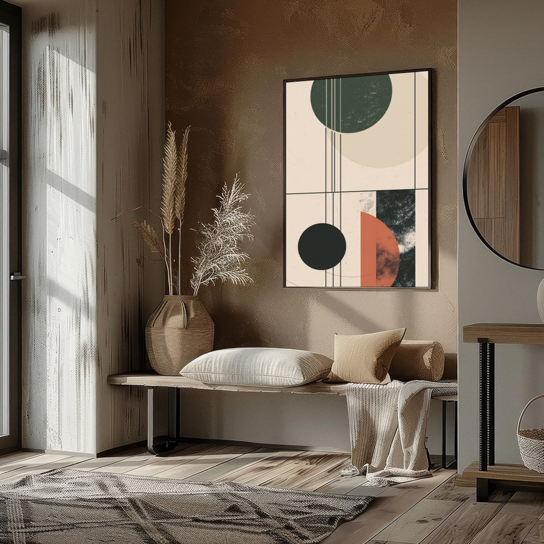 This modern piece captivates with its interplay of geometric forms and earthy colors, exuding a for lovely-house