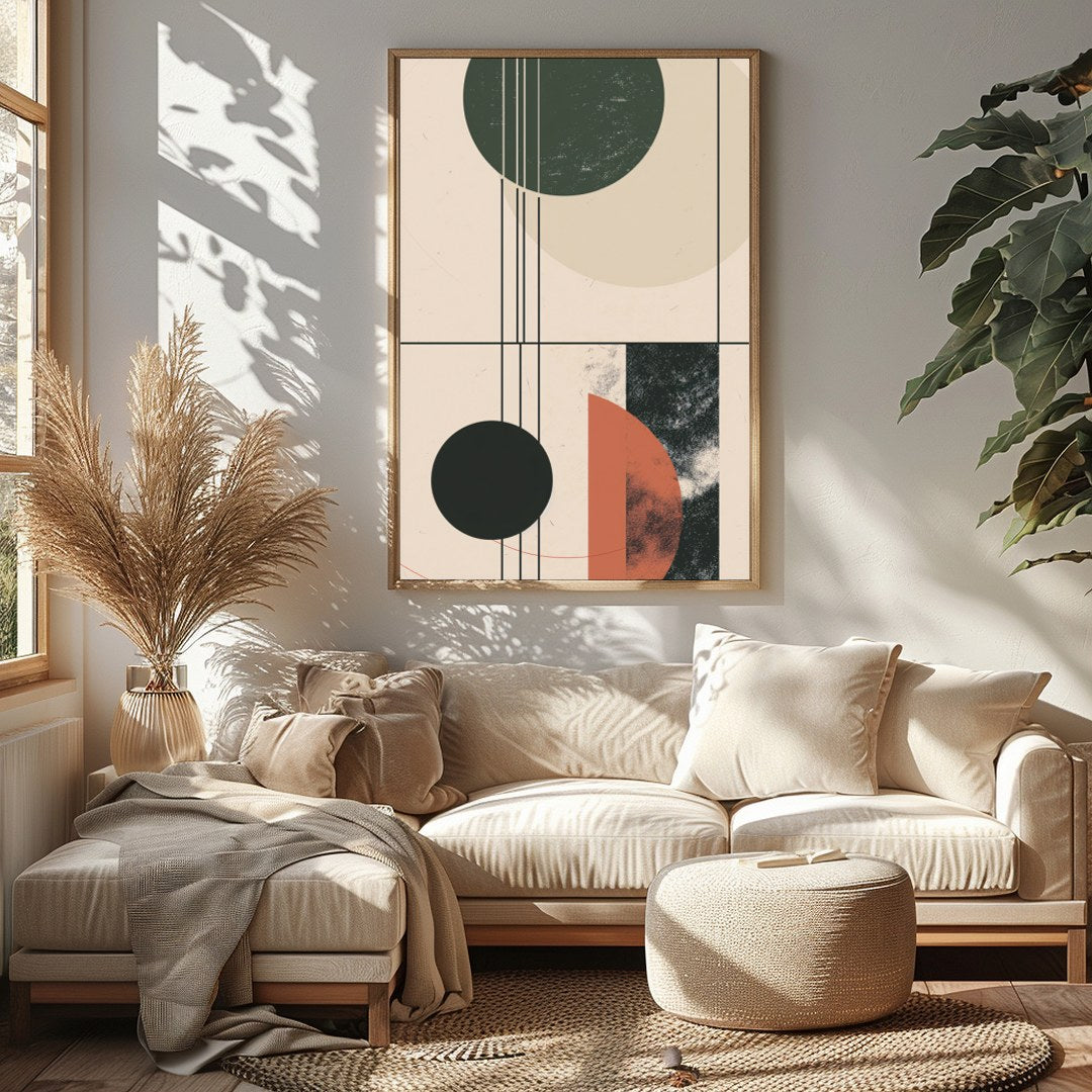 This modern piece captivates with its interplay of geometric forms and earthy colors, exuding a for Sitting Area