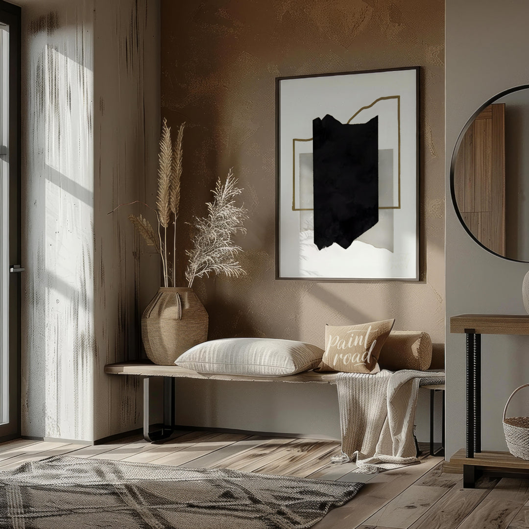 """Geometric Fragment"" presents a minimalist abstract composition with a focus on geometric shapes… for entryway