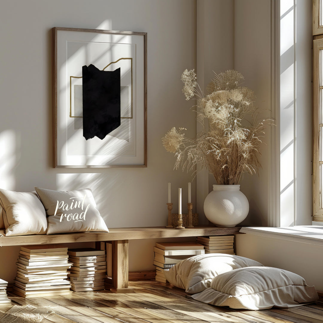 """Geometric Fragment"" presents a minimalist abstract composition with a focus on geometric shapes… for living room