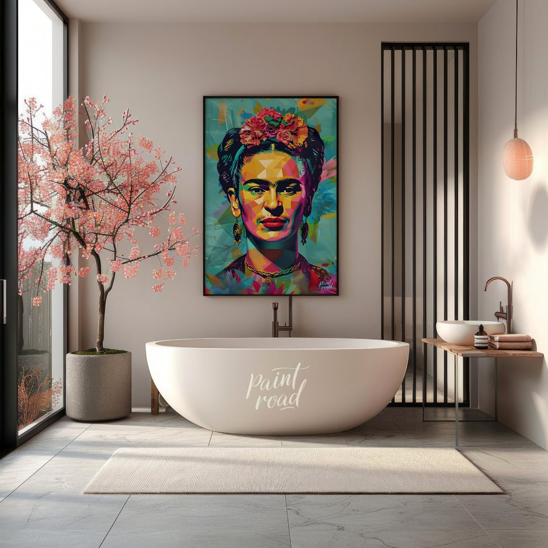 This vibrant art presents a vibrant and modern interpretation of the iconic Frida Kahlo. Her recogn… for bathroom