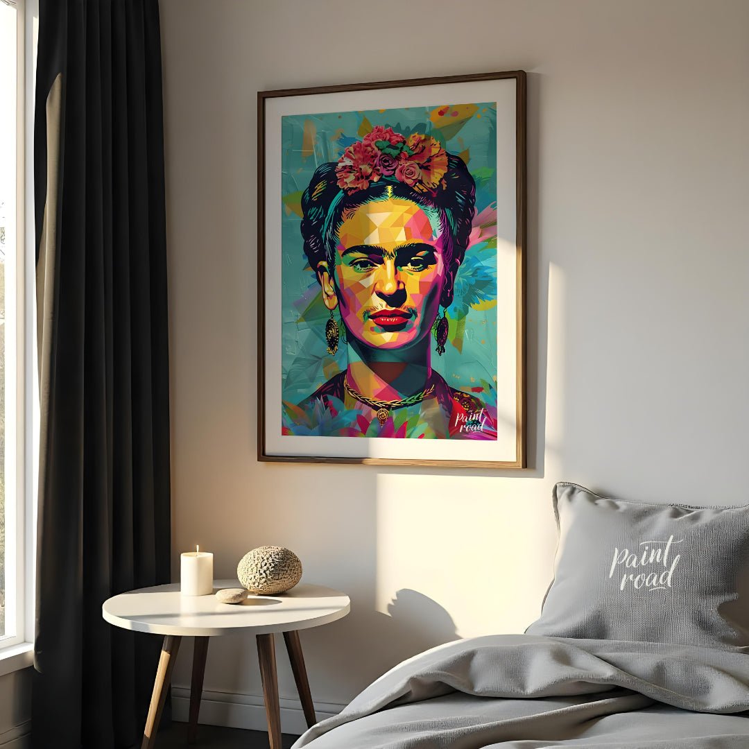 This vibrant art presents a vibrant and modern interpretation of the iconic Frida Kahlo. Her recogn… for bedroom