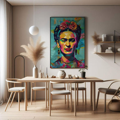This vibrant art presents a vibrant and modern interpretation of the iconic Frida Kahlo. Her recogn… for dining room
