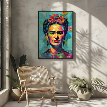 This vibrant art presents a vibrant and modern interpretation of the iconic Frida Kahlo. Her recogn… for living room
