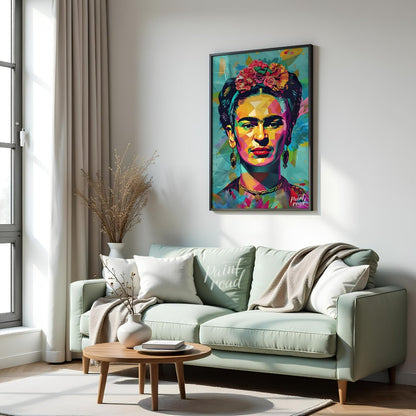 This vibrant art presents a vibrant and modern interpretation of the iconic Frida Kahlo. Her recogn… for living room