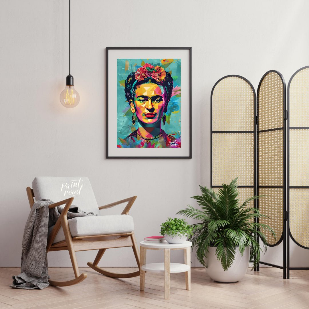 This vibrant art presents a vibrant and modern interpretation of the iconic Frida Kahlo. Her recogn… for living room
