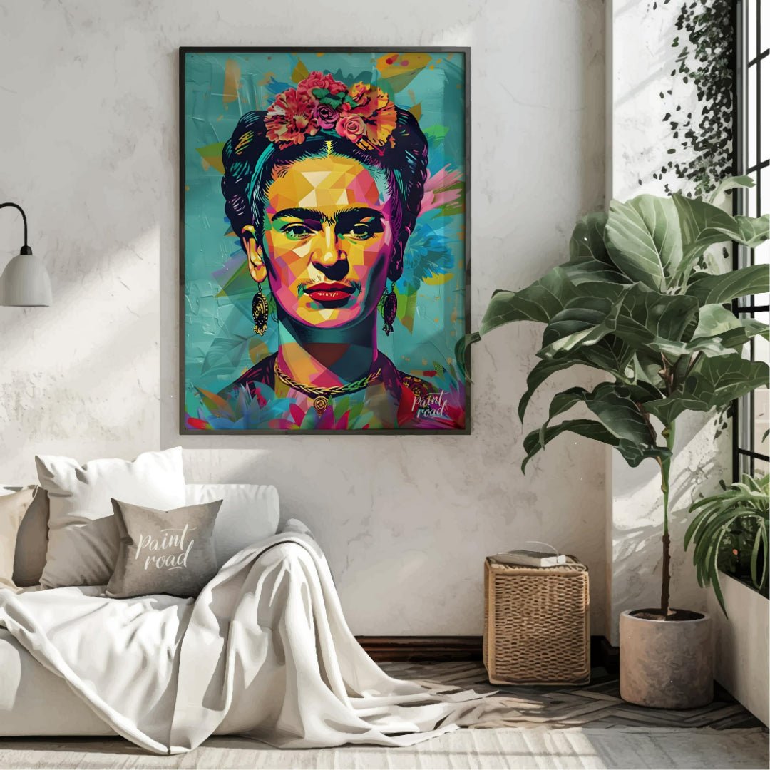 This vibrant art presents a vibrant and modern interpretation of the iconic Frida Kahlo. Her recogn… for living room