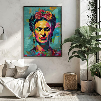 This vibrant art presents a vibrant and modern interpretation of the iconic Frida Kahlo. Her recogn… for living room
