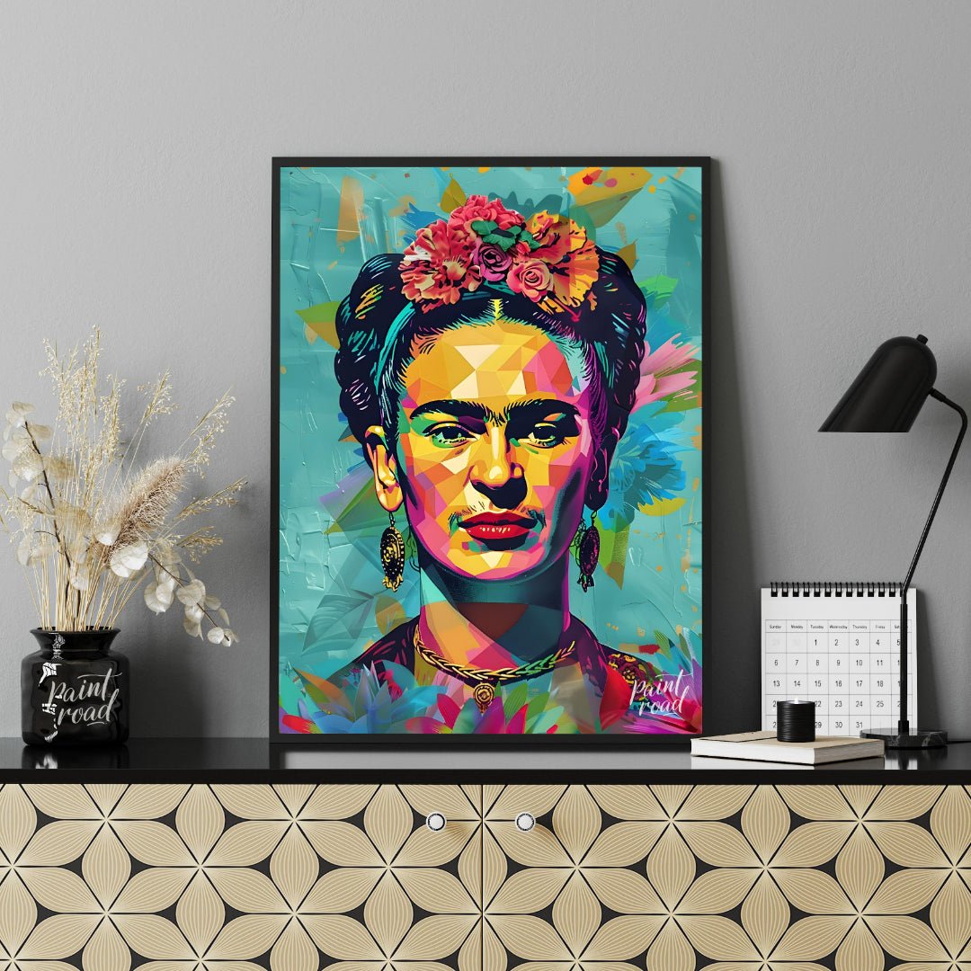 This vibrant art presents a vibrant and modern interpretation of the iconic Frida Kahlo. Her recogn… for office