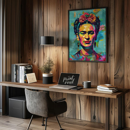 This vibrant art presents a vibrant and modern interpretation of the iconic Frida Kahlo. Her recogn… for office