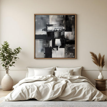 This abstract painting features a dynamic composition of geometric shapes in varying shades of blac… for bedroom
