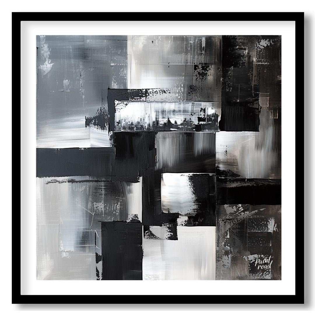 This abstract painting features a dynamic composition of geometric shapes in varying shades of blac… for house