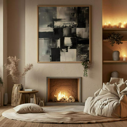 This abstract painting features a dynamic composition of geometric shapes in varying shades of blac… for living room