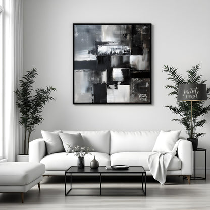 This abstract painting features a dynamic composition of geometric shapes in varying shades of blac… for living room