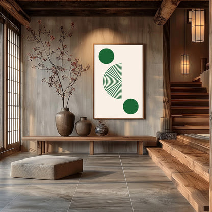 Elevate your space with this captivating geometric artwork featuring bold green circles and a half for Hall