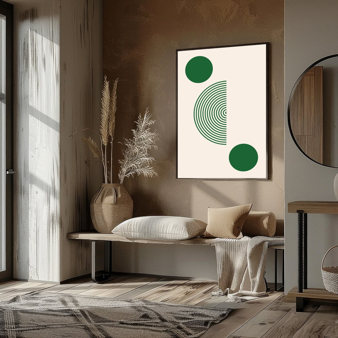 Elevate your space with this captivating geometric artwork featuring bold green circles and a half for interior